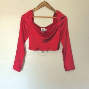 NWT Princess Polly Love Song Red Satin Square Neck Long Sleeve Crop Top Sz 2